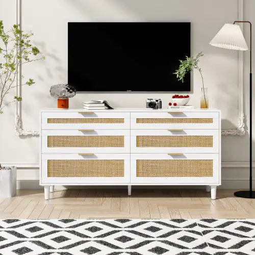 Rattan Dresser With Drawers, 6 Drawer Dresser For Bedroom, Clothes Storage Cabinet For Bedroom, Metal Handle&Wood Legs For Hallway, Living Room, Bedroom,White