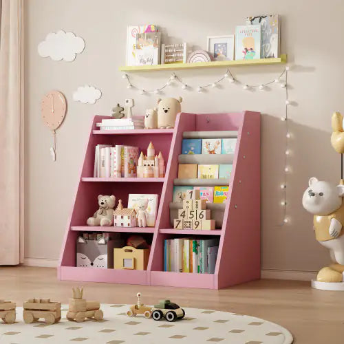 Pink Wooden Kids' Book Rack with Adjustable Shelves