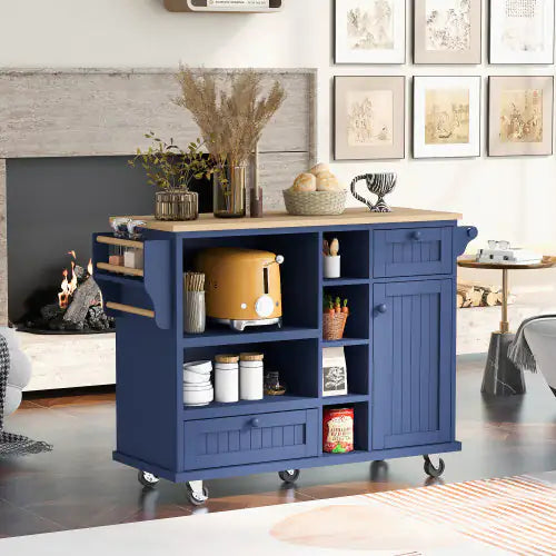 Carrito de cocina con isla y armario de almacenamiento y dos ruedas con freno
