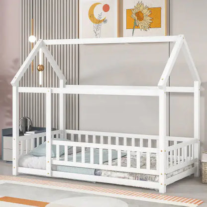 Twin Size Floor Wooden Bed with House Roof Frame & Fence Guardrails