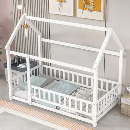 Twin Size Floor Wooden Bed with House Roof Frame & Fence Guardrails