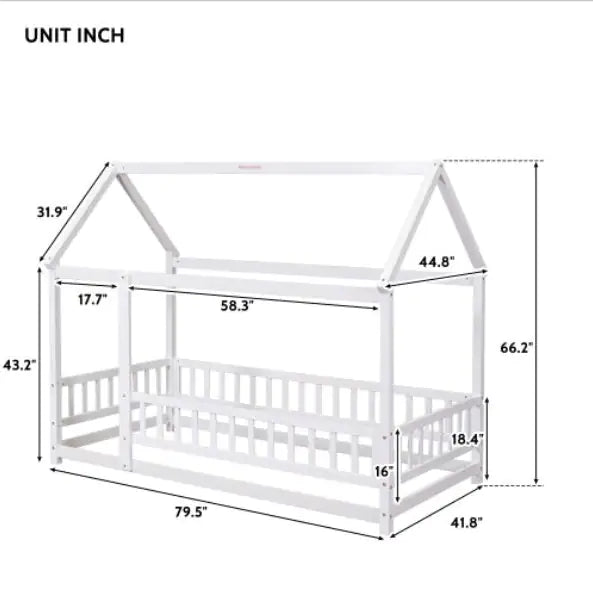 Twin Size Floor Wooden Bed With House Roof Frame, Fence Guardrails,White