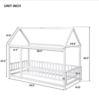 Twin Size Floor Wooden Bed with House Roof Frame & Fence Guardrails