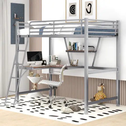 Twin Size Loft Metal&MDF Bed With Desk And Shelf, Silver