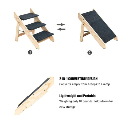 Foldable 3-Level Wooden Pet Stairs & Ramp