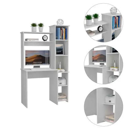 Escritorio blanco de 6 estantes con librería incorporada