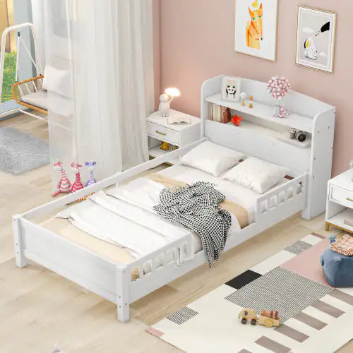 Cama de plataforma de madera tamaño twin con luz LED incorporada, cabecera con espacio de almacenamiento y barandilla