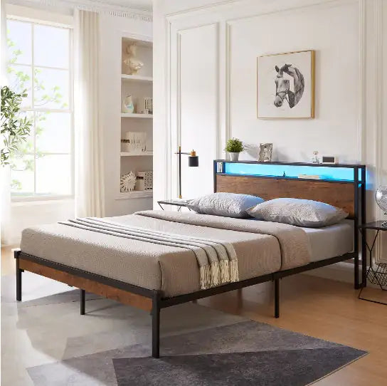 Queen Size Metal Platform Bed Frame With Wooden Headboard And Footboard With USB LINER