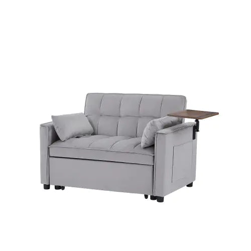 Grey Velvet Loveseat Sleeper Sofa Bed with Side Table