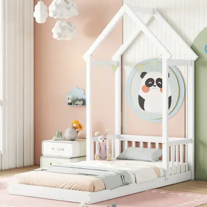 Twin House-Shaped Roof Headboard Floor Bed
