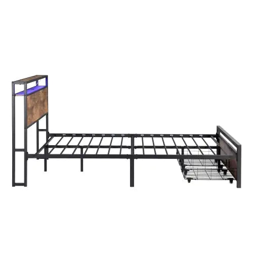 Queen Size Bed Frame With Storage Headboard And 2 Drawers, LED Lights Bed With Charging Station