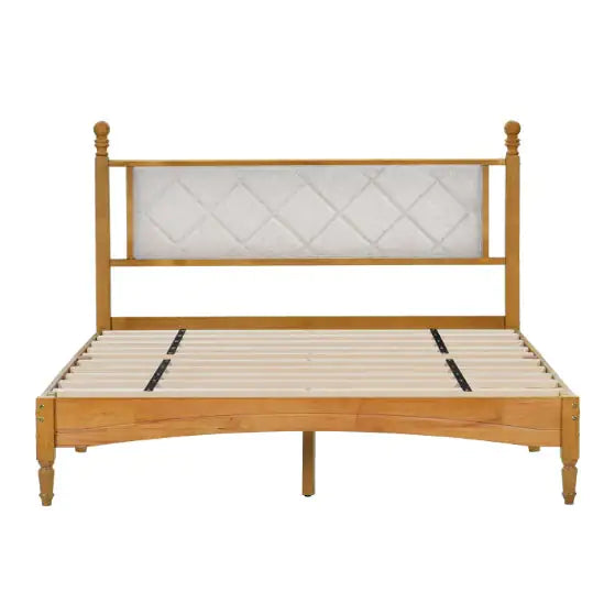 Queen Wood Bed Frame With Upholstered Headboard Wooden Bed