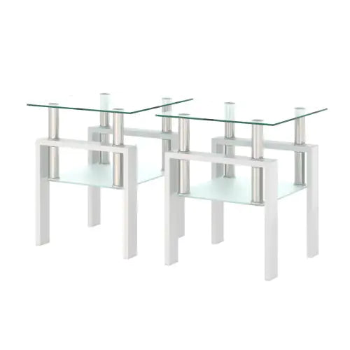 Set Of 2, Modern Tempered Glass Tea Table Coffee Table End Table, Square Table For Living Room, Transparent White