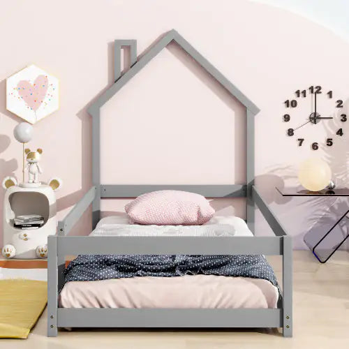 Twin Size Wood Bed With House-shaped Headboard Floor Bed With Fences,Grey