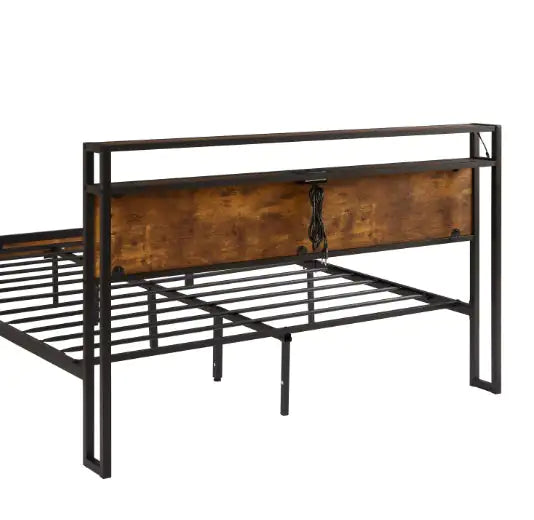 Queen Size Metal Platform Bed Frame With Wooden Headboard And Footboard With USB LINER