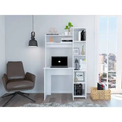 Escritorio blanco de 6 estantes con librería incorporada