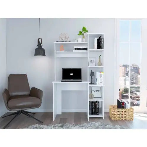 Escritorio blanco de 6 estantes con librería incorporada