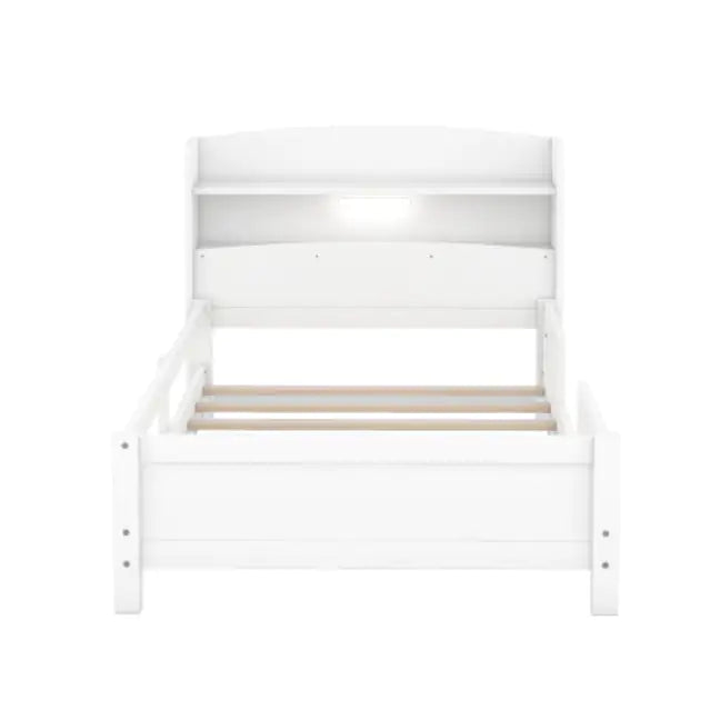 Wood Twin Size Platform Bed with Built-in LED Light, Storage Headboard, and Guardrail