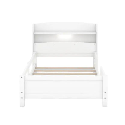 Wood Twin Size Platform Bed with Built-in LED Light, Storage Headboard, and Guardrail
