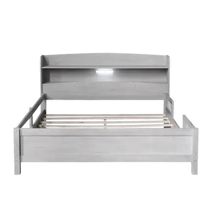 Wood Full-Size Platform Bed with Built-in LED Light, Storage Headboard, and Guardrail