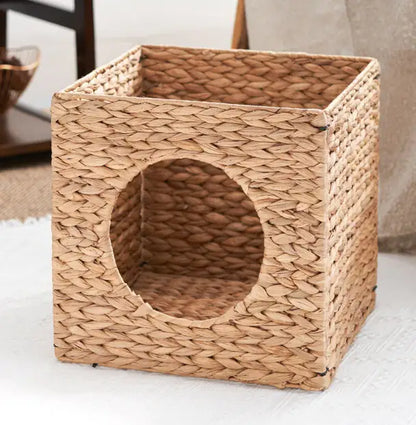 Water Hyacinth Woven Wicker Square Cat Bed Cave