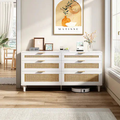 Rattan Dresser With Drawers, 6 Drawer Dresser For Bedroom, Clothes Storage Cabinet For Bedroom, Metal Handle&Wood Legs For Hallway, Living Room, Bedroom,White