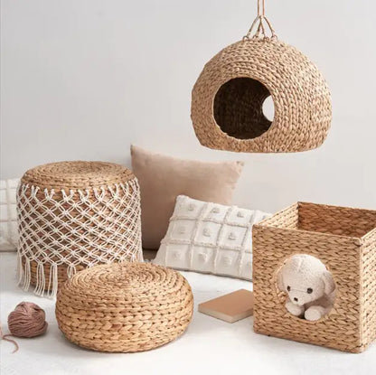 Water Hyacinth Woven Wicker Square Cat Bed Cave