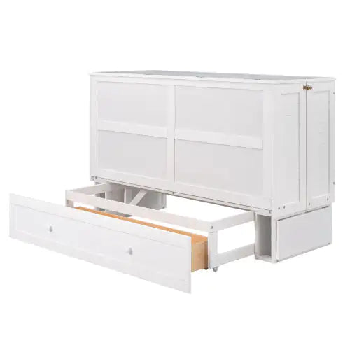 Queen Size Mobile Murphy Bed With Drawer And Little Shelves On Each Side,White