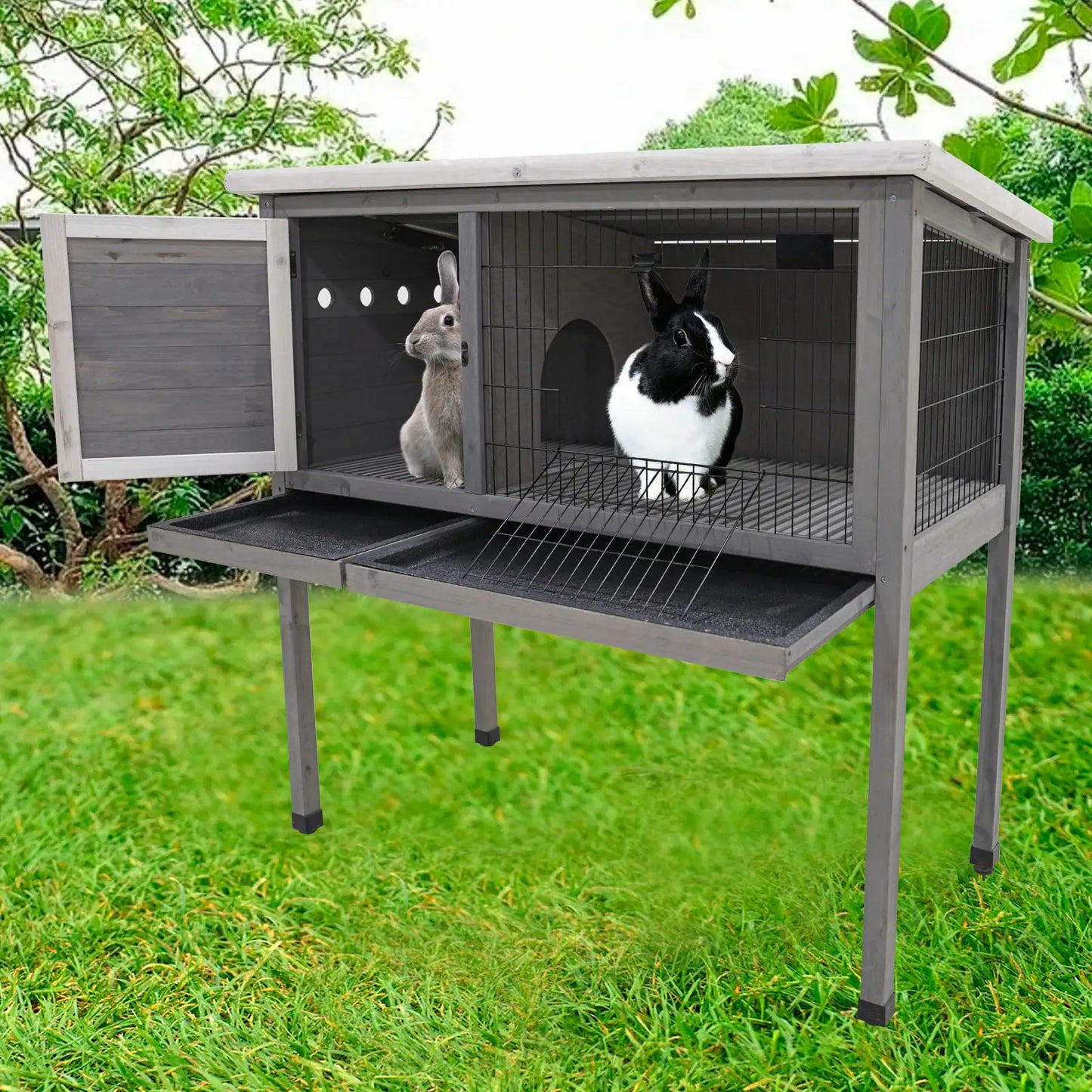 Wooden Rabbit Cage, Indoor And Outdoor Rabbit Cage With Roof And Removable Tray