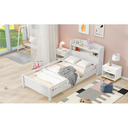 Wood Twin Size Platform Bed with Built-in LED Light, Storage Headboard, and Guardrail