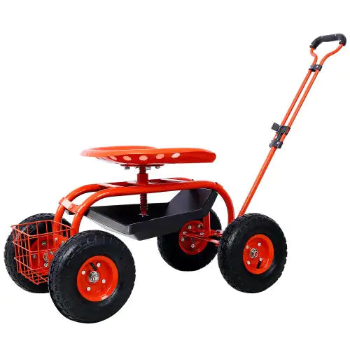 Swivel Garden Scooter with Tool Tray and Wheels, Red