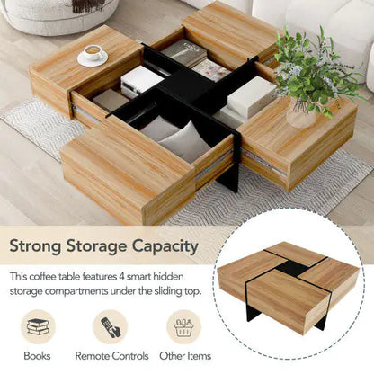 Mesa de centro de diseño único con 4 compartimentos de almacenamiento ocultos