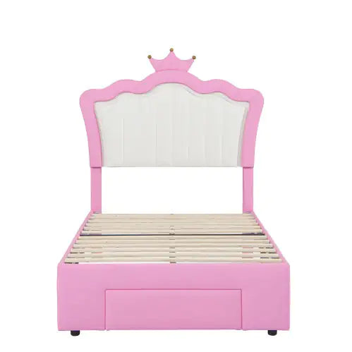 Twin LED Crown Headboard Bed with Storage Drawer