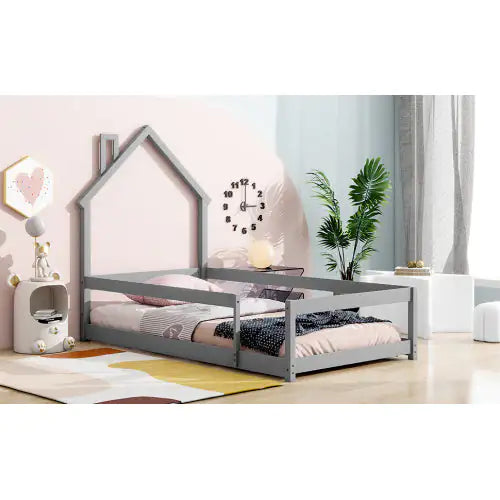 Twin Size Wood Bed With House-shaped Headboard Floor Bed With Fences,Grey