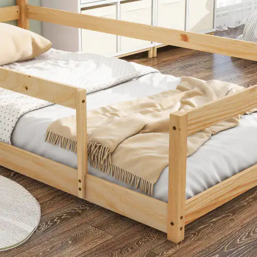 Twin Size Wood Bed With House-shaped Headboard Floor Bed With Fences,Natural