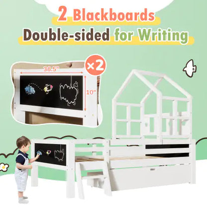 Twin Size House Bed with Ladder and Storage Drawers for Kid's Bedroom