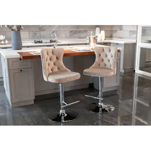 Swivel Velvet Barstools Adjusatble Seat Height From 25-33 Inch Khaki,Set Of 2