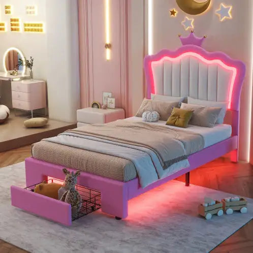 Twin LED Crown Headboard Bed with Storage Drawer