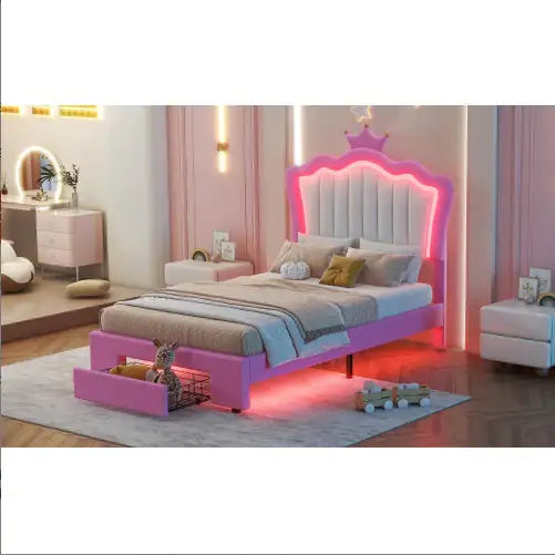 Twin LED Crown Headboard Bed with Storage Drawer