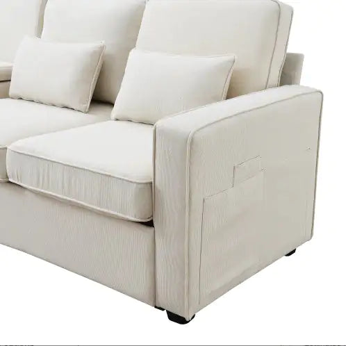 Linen Fabric Modern Sofa with Side Storage & Pillows