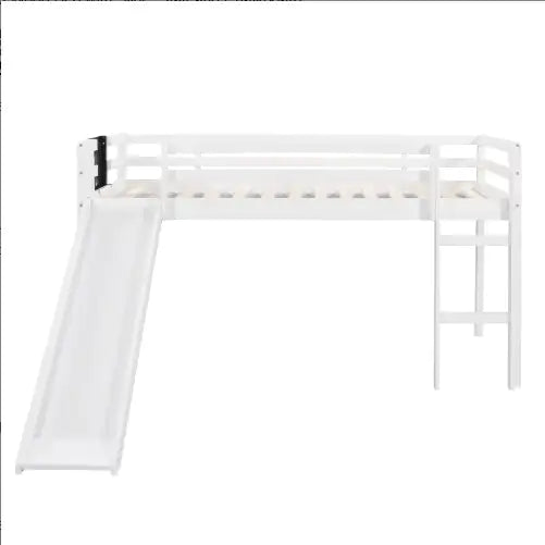 Twin Size Loft Bed Wood Bed With Slide, Stair And Chalkboard,White