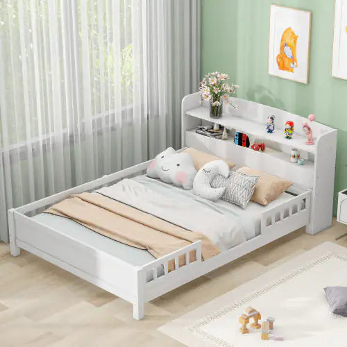 Wood Full Size Platform Bed with Built-in LED Light, Storage Headboard, and Guardrail