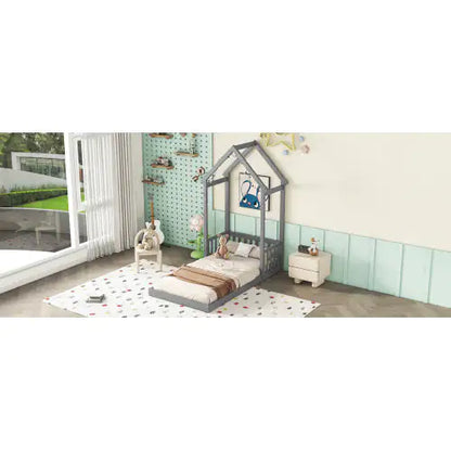 Twin House-Shaped Roof Headboard Floor Bed