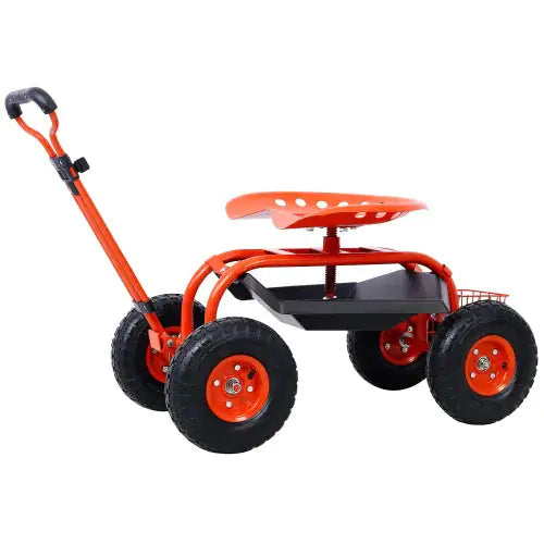 Swivel Garden Scooter with Tool Tray and Wheels, Red