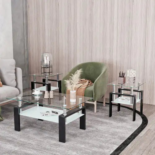 Set Of 2, Modern Tempered Glass Tea Table Coffee Table End Table, Square Table For Living Room, Transparent Black