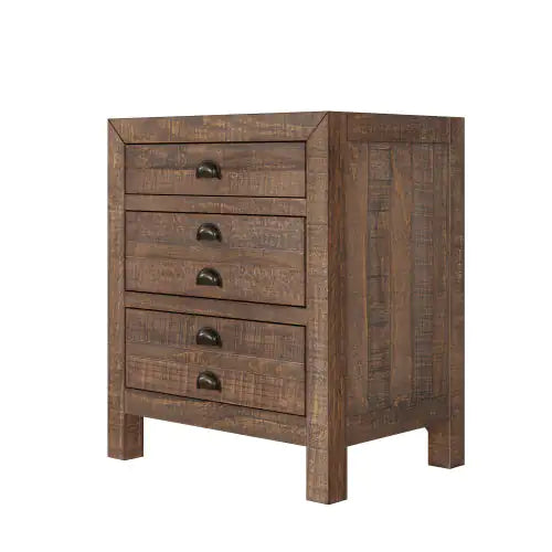 Rustic Farmhouse Style Three-Drawer Solid Pine Wood Nightstand With Cup Pulls And Integrated Charge Station