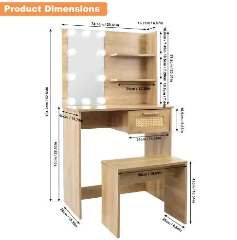 Vanity Desk Set with LED Lighting Mirror, Stool & Drawers
