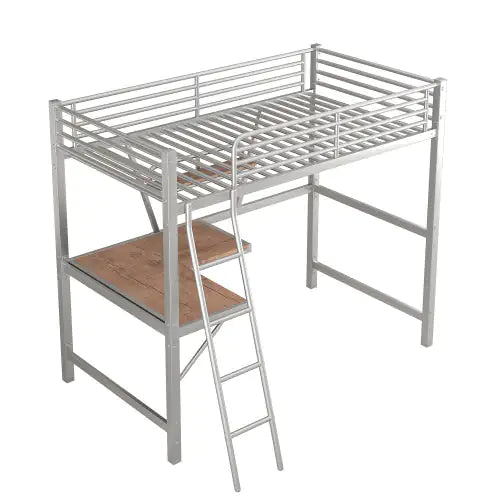 Twin Size Loft Metal&MDF Bed With Desk And Shelf, Silver