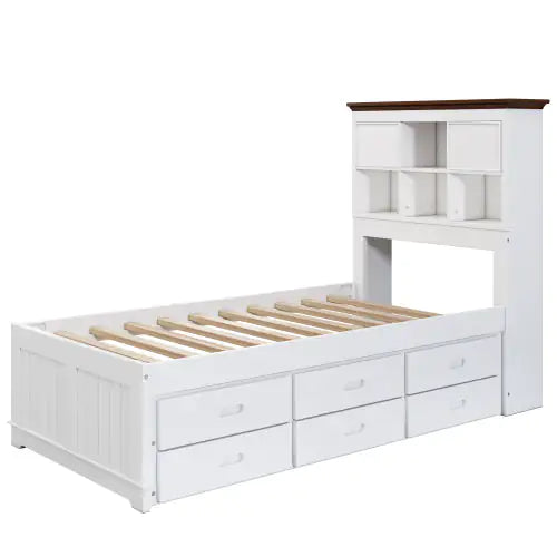 Solid Pine Captain Bookcase Bed With Trundle Bed And 3 Spacious Under Bed Drawers In Casual,Twin, White Walnut