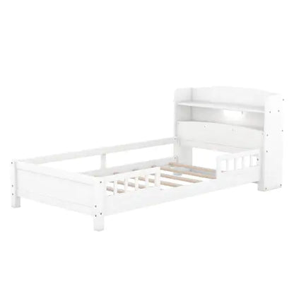 Wood Twin Size Platform Bed with Built-in LED Light, Storage Headboard, and Guardrail